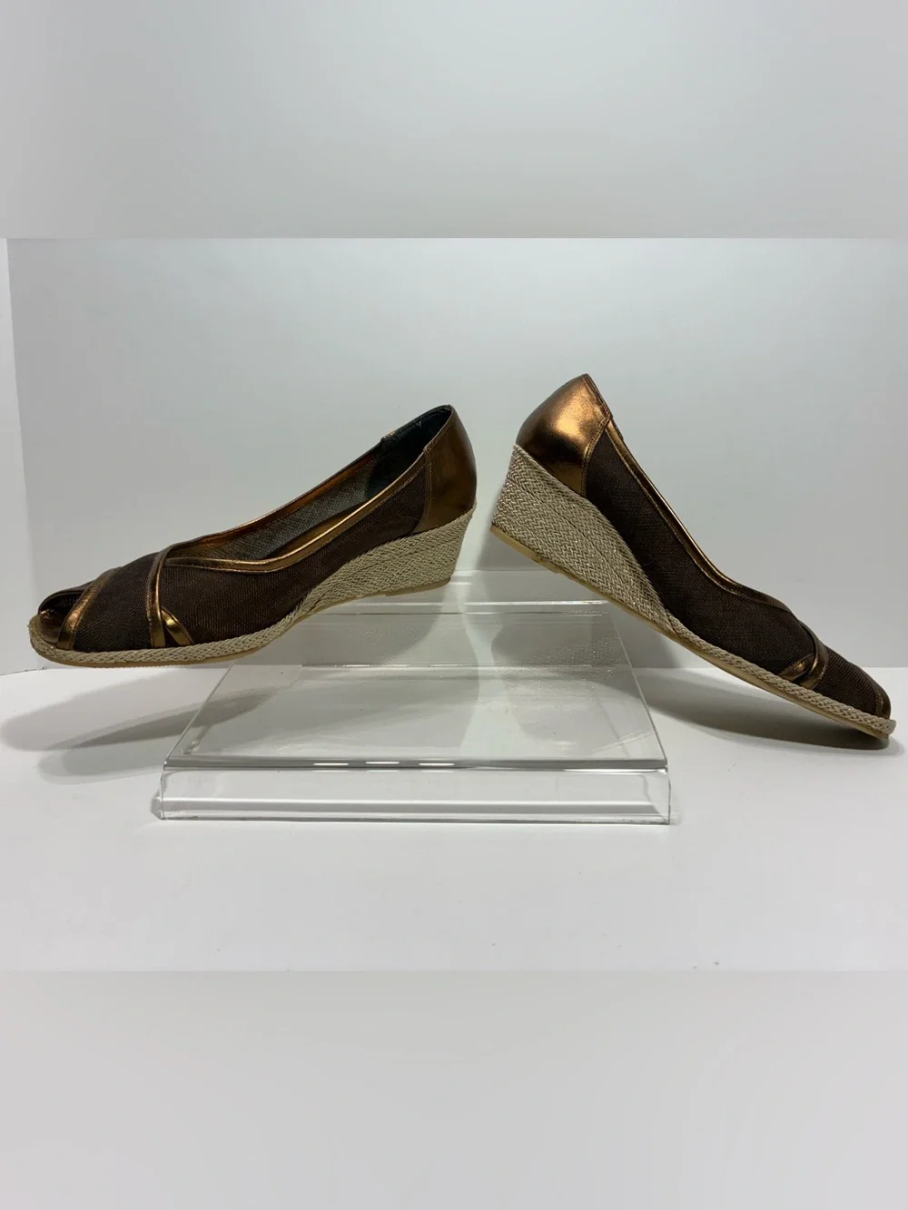 Sesto Meucci ITALY MADE Bronze Brown Peep Toe Espadrille Wedges Size 8.5